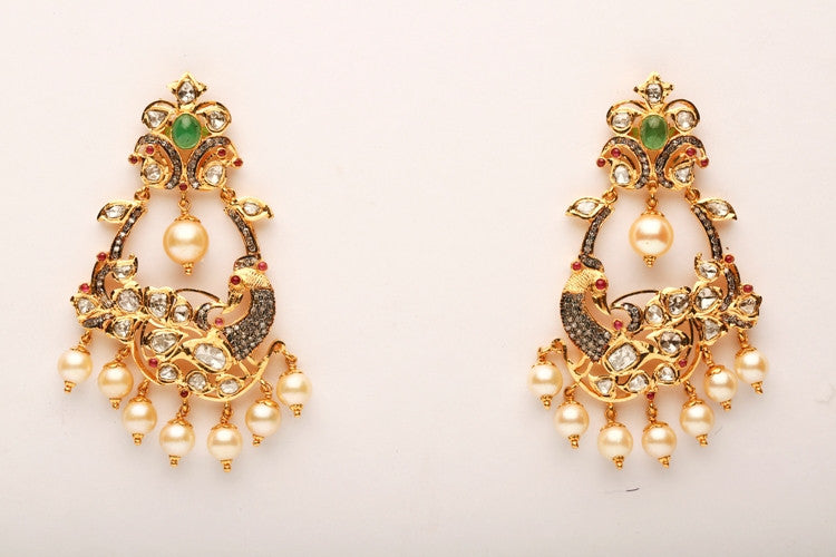 Uncut Diamond & Pearl Dangle Nakshi Chaand Bali