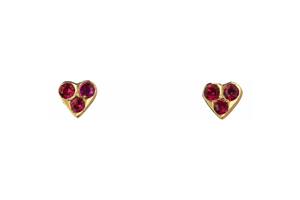 Red Three Stone Heart Gold Studs