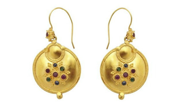 Center Flower Beaten Gold Earrings