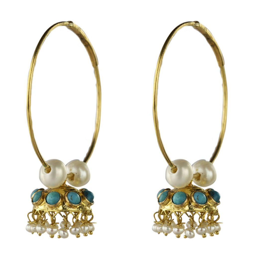Circular Blue & Pearl Dangle Beaten Gold Earrings
