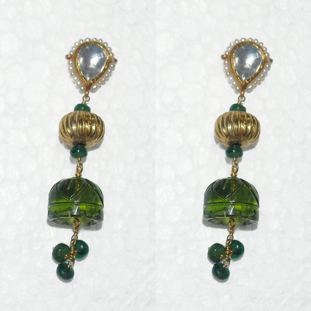 Green Tri Dangle Beaten Gold Earrings