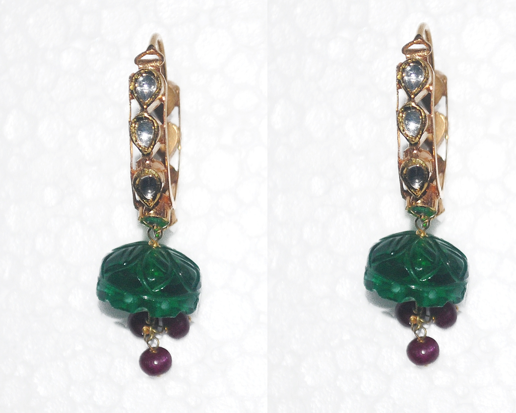 Green Chunk Beaten Gold Earrings