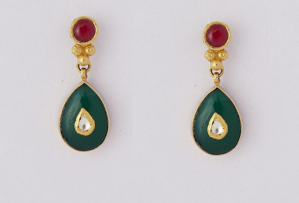 Dangle Red Drop Beaten Gold Earrings