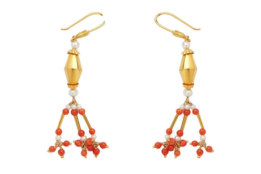 Dangling Red Drops Beaten Gold Earrings
