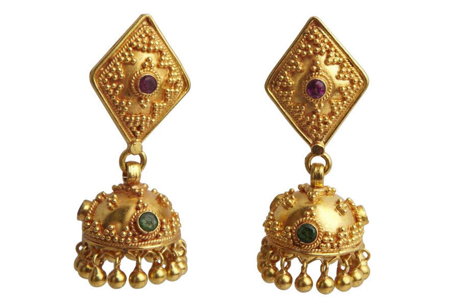 Diamond Shaped Top Beaten Gold Earrings