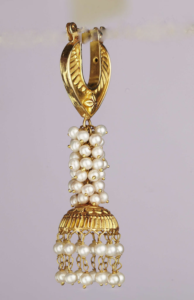 White Pearl Beaten Gold Earrings