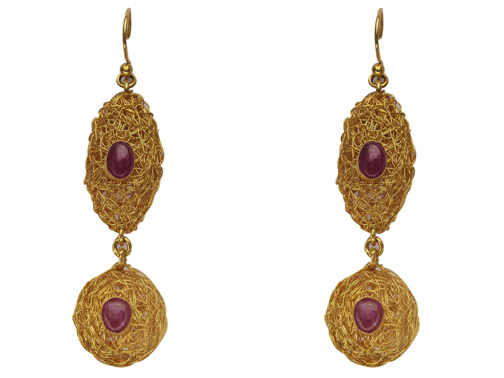 Double Dot Circular Beaten Gold Earrings