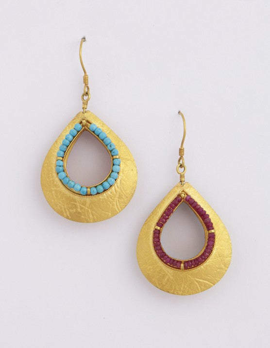 Blue & Red Combo Beaten Gold Earrings