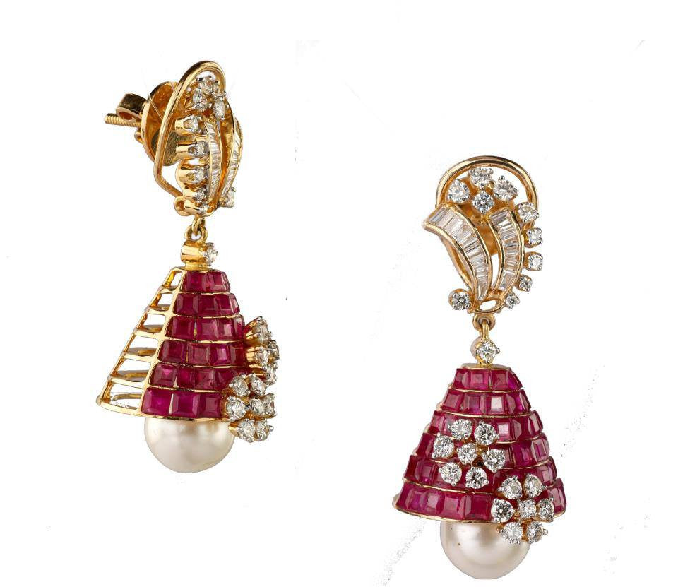 Ruby & White Pearl Diamond Earrings
