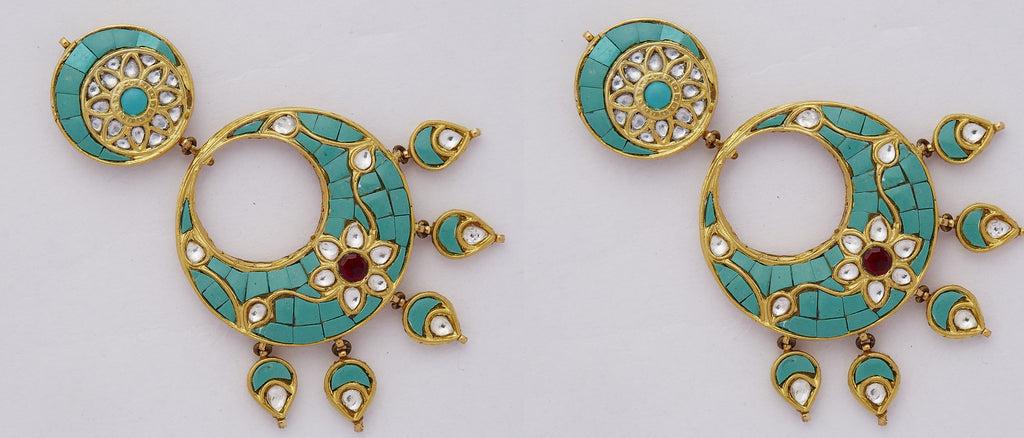 Turquoise Circular Beaten Gold Earrings