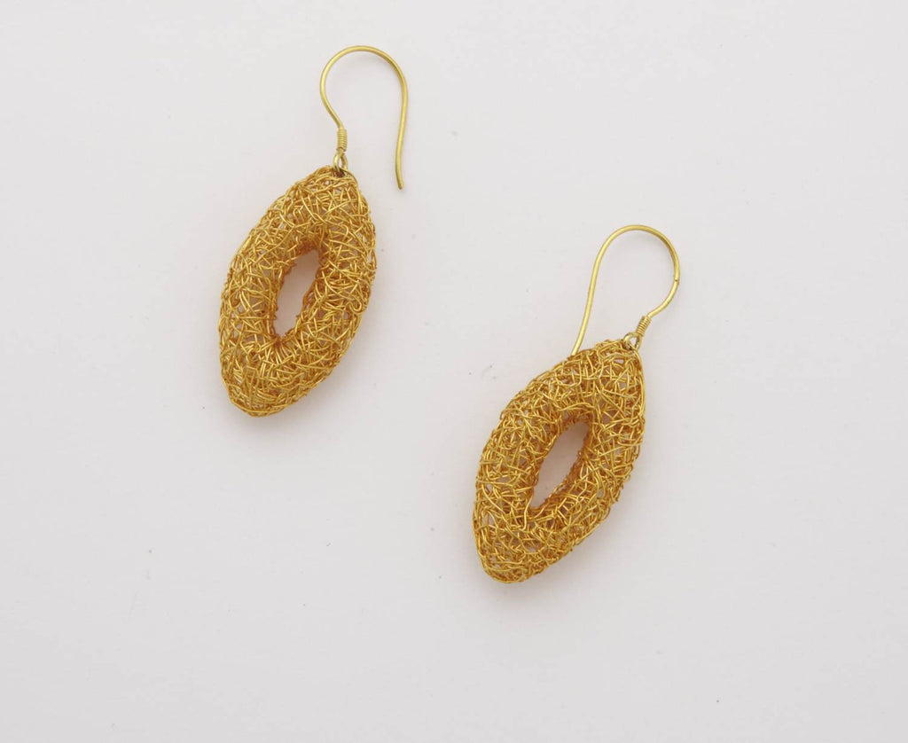 Abstract Oval Leaf Beaten Gold Earrings