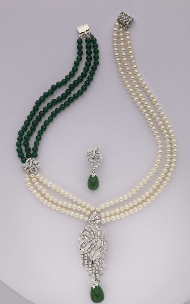 Green & White Pearl Diamond Necklace Set